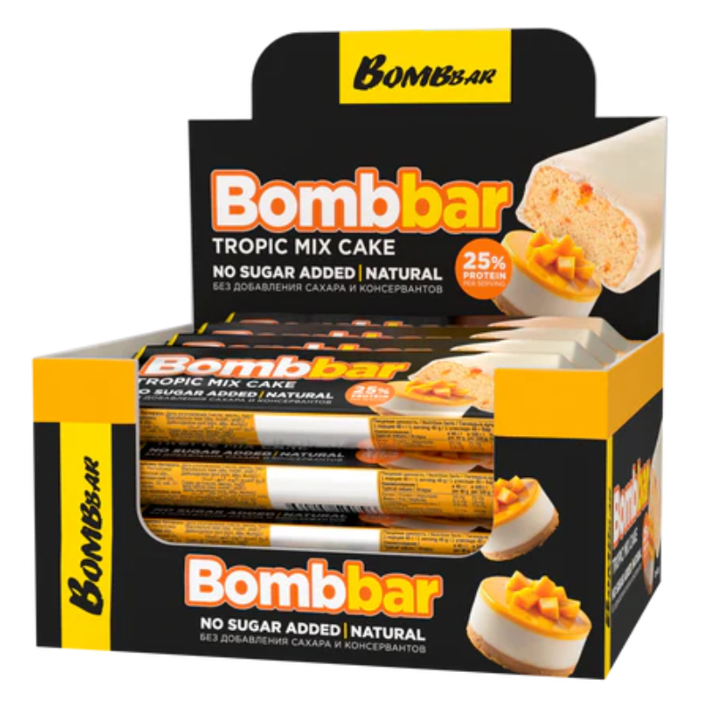 Bombbar Chocolate Glazed Protein Bars No Sugar Added 40g Pack of 12 - Tropic Mix Cake