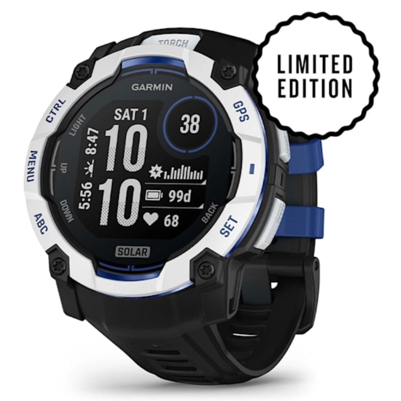 Garmin Instinct 3 50 mm Solar Whitestone with Black/Bolt Blue Band Watch