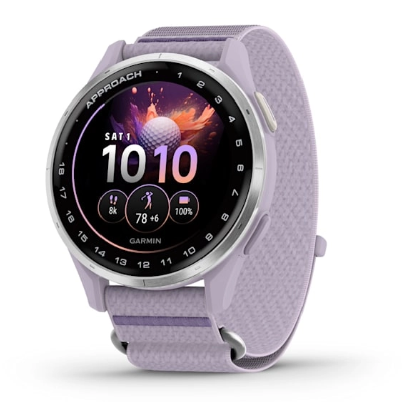Garmin Approach J1 Silver Aluminium Bezel with Lilac Comfort Fit Fabric Band Watch