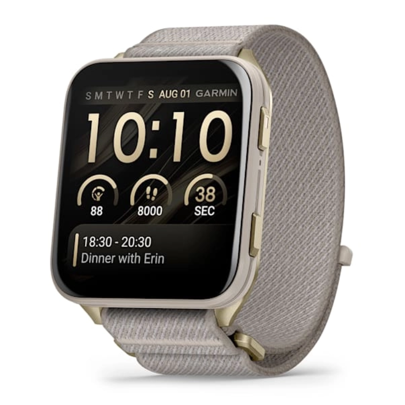Garmin Venu X1 Soft Gold with Titanium Caseback and French Grey Nylon Band Watch