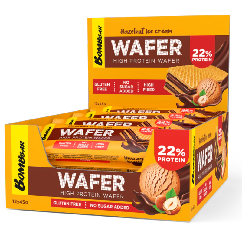 Bombbar Glazed Wafer Bar in Chocolate 45 G Pack of 12 - Hazelnut Icecream