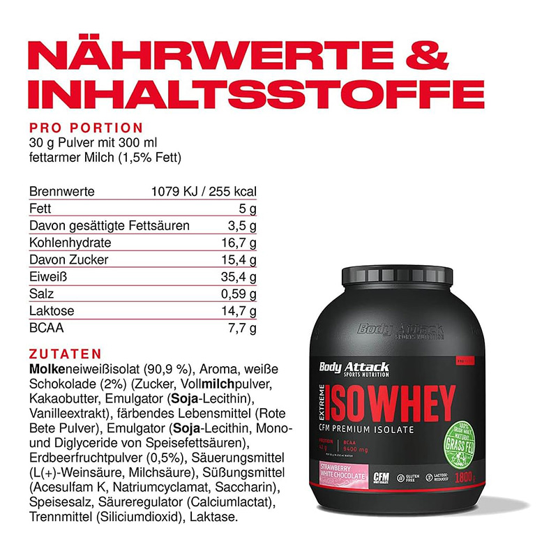 Body Attack Extreme ISO Whey 1800 g - Strawberry White Chocolate Best Price in Dubai