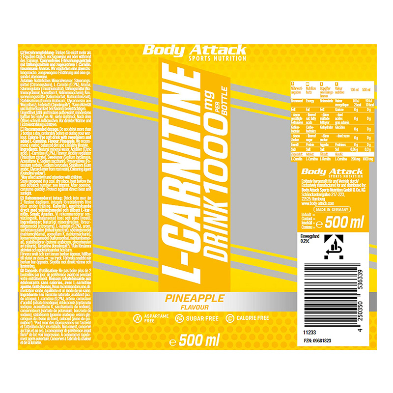 Body Attack L-Carnitine Drink 500ml 10 Pc in Box - Pineapple Best Price in Dubai