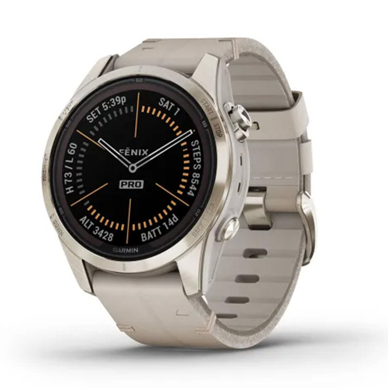 Garmin Fenix 7S Pro Sapphire Solar Edition 42mm Soft Gold with Limestone Leather Band Watch