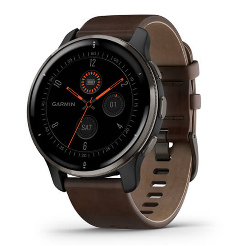 Garmin Venu 2 Plus Slate Stainless Steel Bezel With Slate Case And Brown Leather Band 43 mm