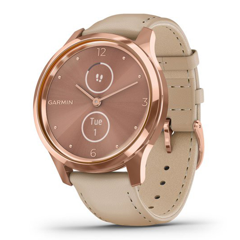 Garmin VivoMove Luxe 18K rose gold PVD stainless steel case with light sand Italian leather band 42 mm (010-02241-21) Best Price in UAE