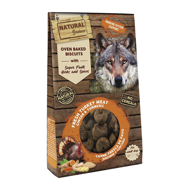 Natural Greatness Multipack Oven Baked Biscuits Treat 100 G - Fresh Turkey Ginger and Turmeric - 12 Packs in a Box