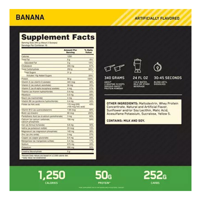 Optimum Nutrition Serious Mass Supplement 6 lbs - Banana Best Price in Dubai