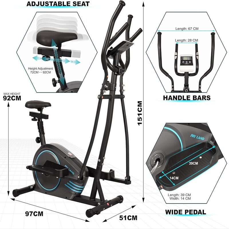SkyLand 2-in-1 Elliptical Exercise Bike & Cross Trainer – 8-Level Magnetic Resistance, App Compatible, Home Cardio Machine - Grey