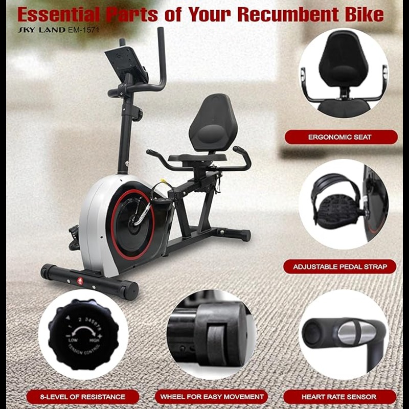 SkyLand Recumbent Exercise Bike – 8-Level Magnetic Resistance, Adjustable Seat & App Compatible for Home Gym - Black  Best Price in Dubai