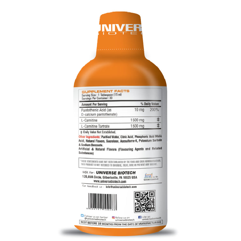 Universe Biotech L-Carnitine 3000mg 30 Servings – Orange Best Price in UAE