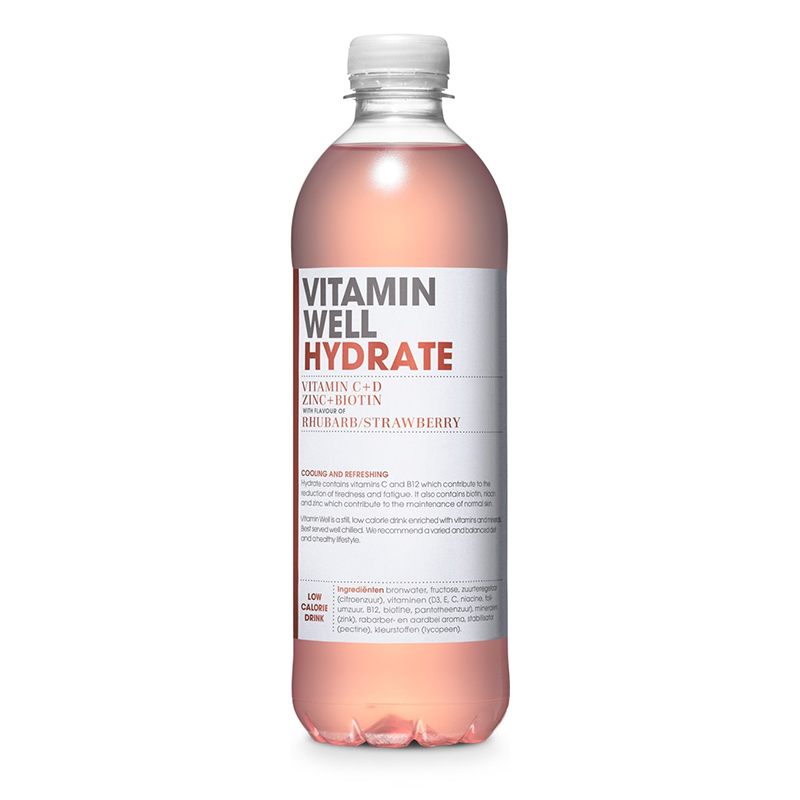 Vitamin Well HYDRATE Rhubarb/Strawberry Vitamin C + D Zinc + Biotin - 12 x 500ml