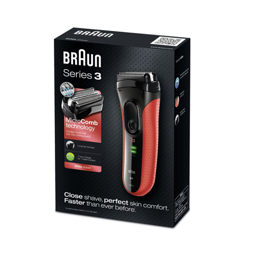 Braun Series 3 Cordless Shaver with Long Hair Trimmer Red and Black for Men