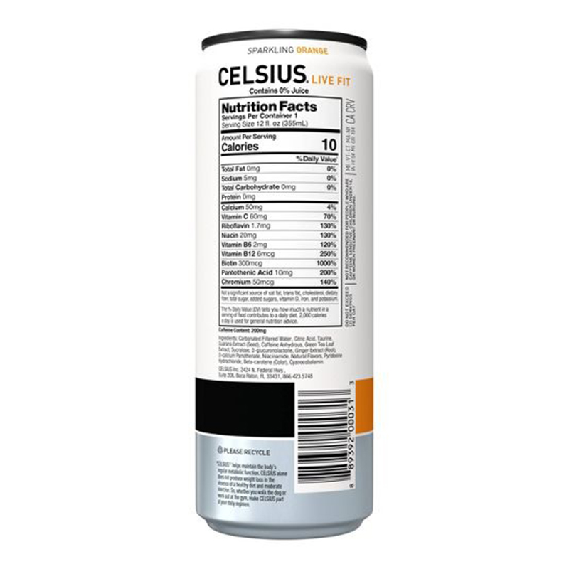 Celsius Live Fit Sparkling Drink 355ml Pack of 12 - Sparkling Orange