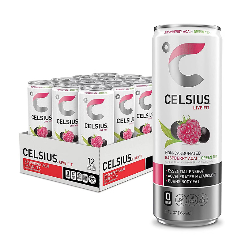 Celsius Live Fit Sparkling Drink N/C 355ml Pack of 12 - Raspberry Acai Green Tea 1 Box of 12 Cans
