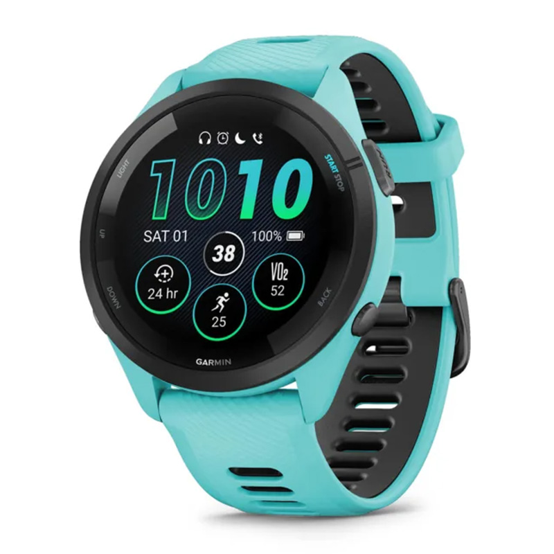 Garmin Forerunner 265 Black Bezel with Aqua Case and Aqua/Black Silicone Band 46MM Watch