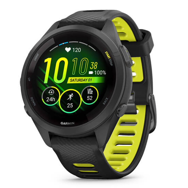 Garmin Forerunner 265S Black Bezel and Case with Black/Amp Yellow Silicone Band 42 MM Watch