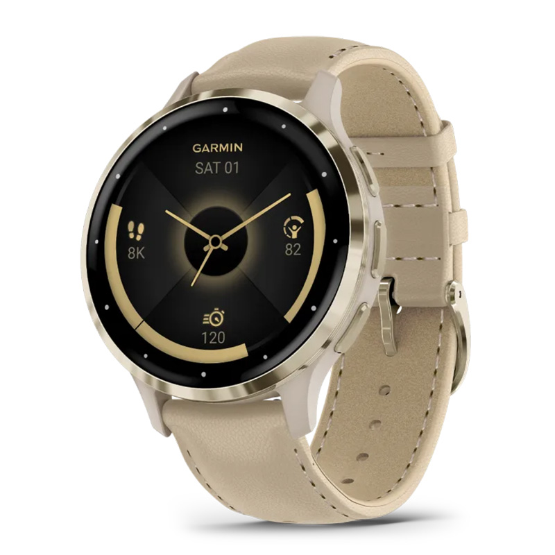 Garmin Venu 3S Soft Gold Stainless Steel Bezel 41 MM With French Grey Case And Leather Band Watch